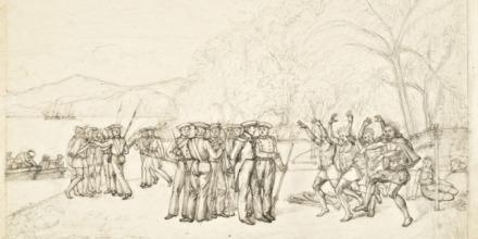 Māori perform a haka as Russians arrive at a fishing settlement in New Zealand’s Queen Charlotte Sound in mid-1820.
